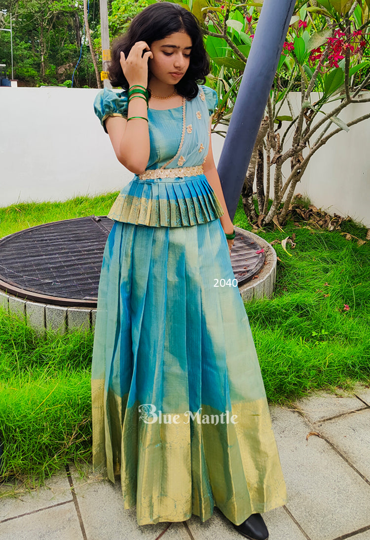 2040 Pre Order: Aqua Gold Skirt & Blouse with Dupatta - Dispatch on june 25