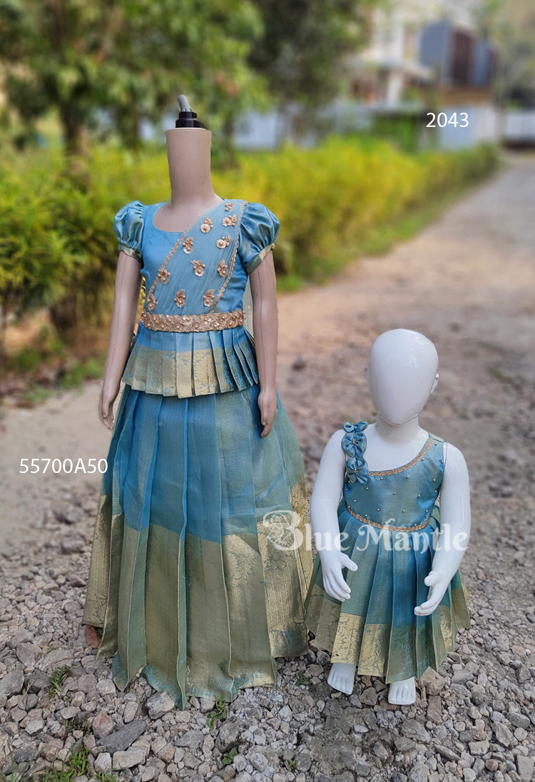 2043: Aqua Gold Baby Frock- Ready to Dispatch