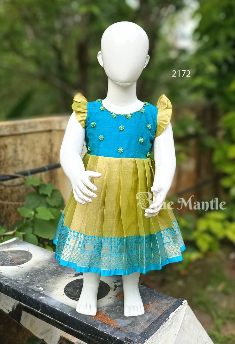 2172 Ready to Dispatch: Olive green yellow and peacock blue frock