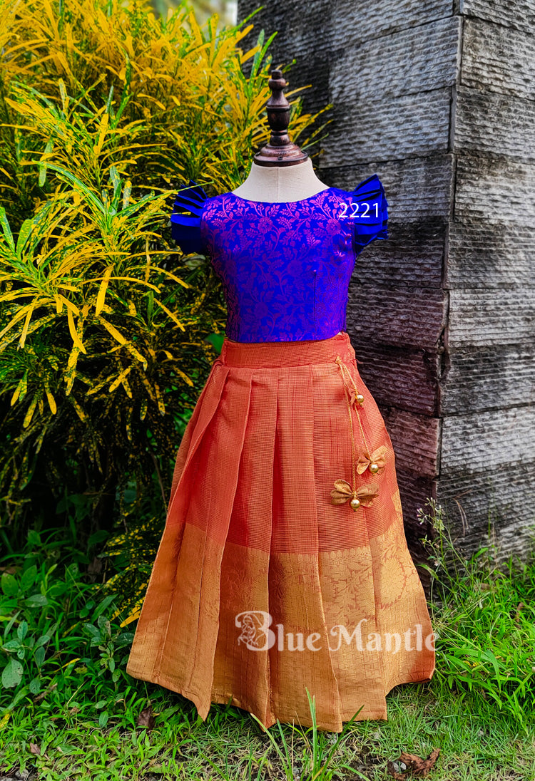 2221 Ready to dispatch: Blue Brocade& Orange Full skirt &Blouse