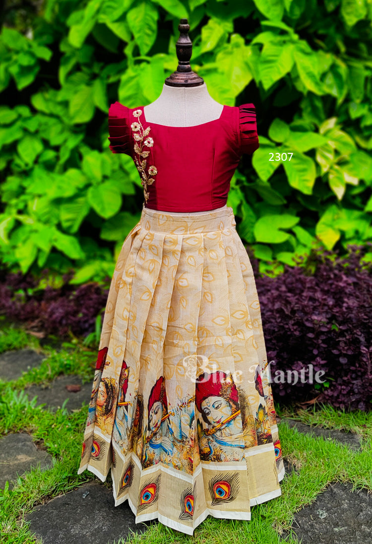 2307 Ready to Dispatch: Maroon gold mural full skirt& Blouse