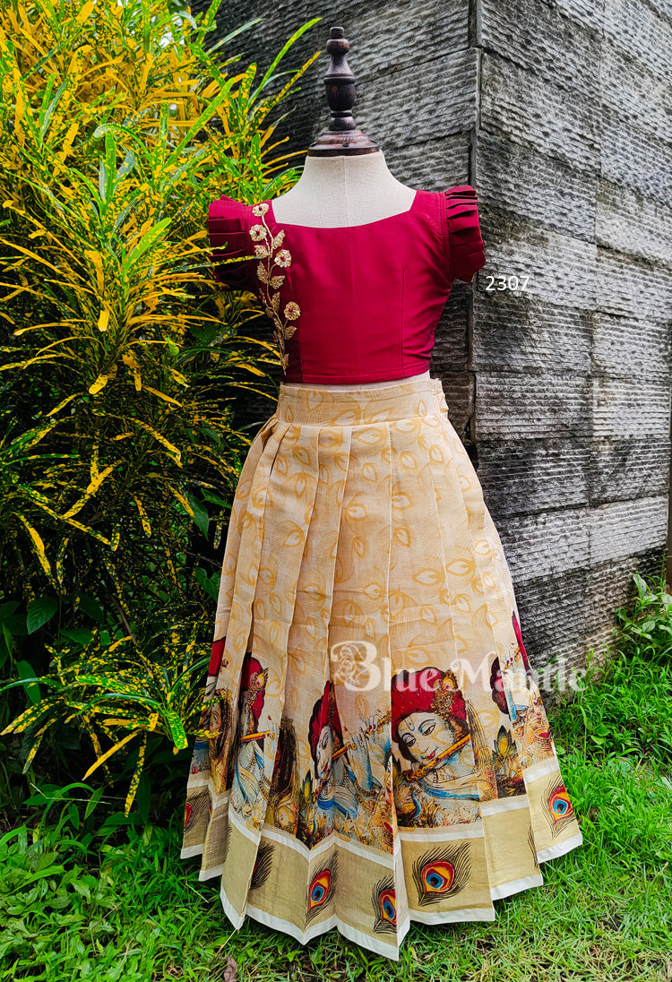 2307 Ready to Dispatch: Maroon gold mural full skirt& Blouse