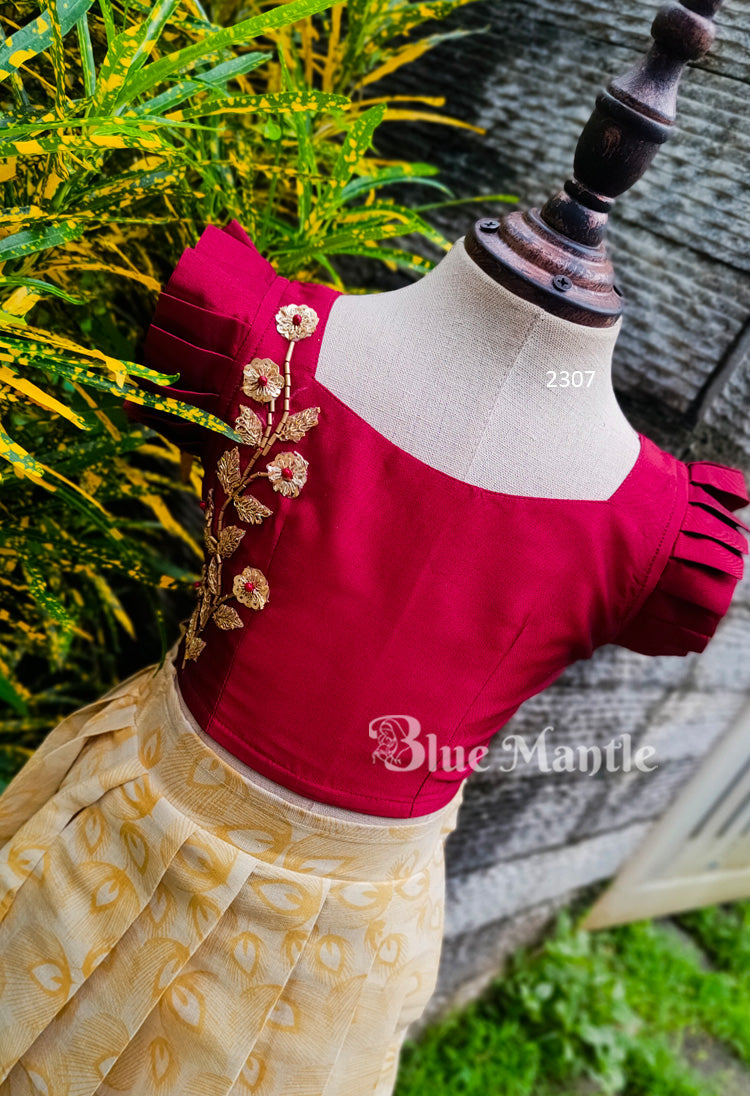 2307 Ready to Dispatch: Maroon gold mural full skirt& Blouse