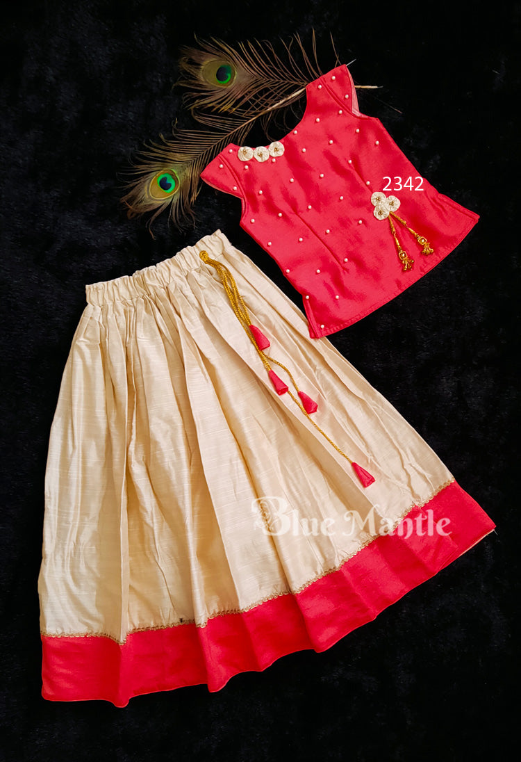 2342 Ready to Dispatch: Peachish orange& Ivory Full Skirt & Blouse
