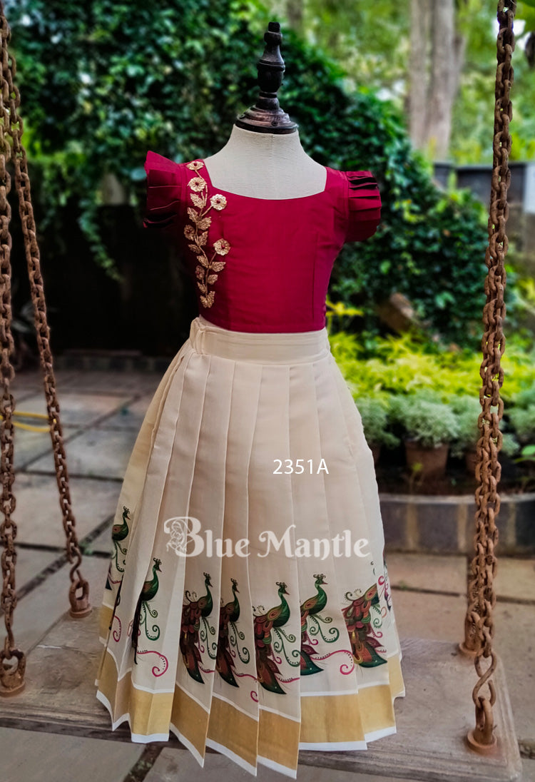 2351A Ready to Dispatch: Maroon gold mural full skirt& Blouse