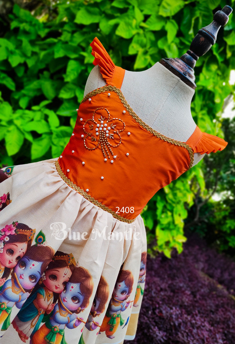 2408 Ready to Dispatch: Orange mural Baby Frock