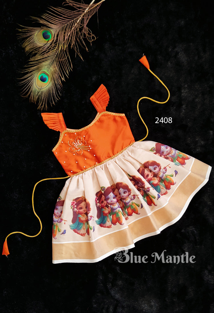 2408 Ready to Dispatch: Orange mural Baby Frock
