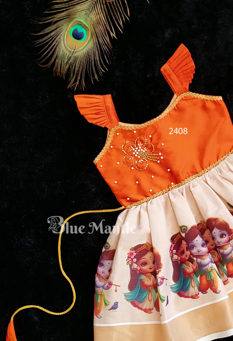 2408 Ready to Dispatch: Orange mural Baby Frock