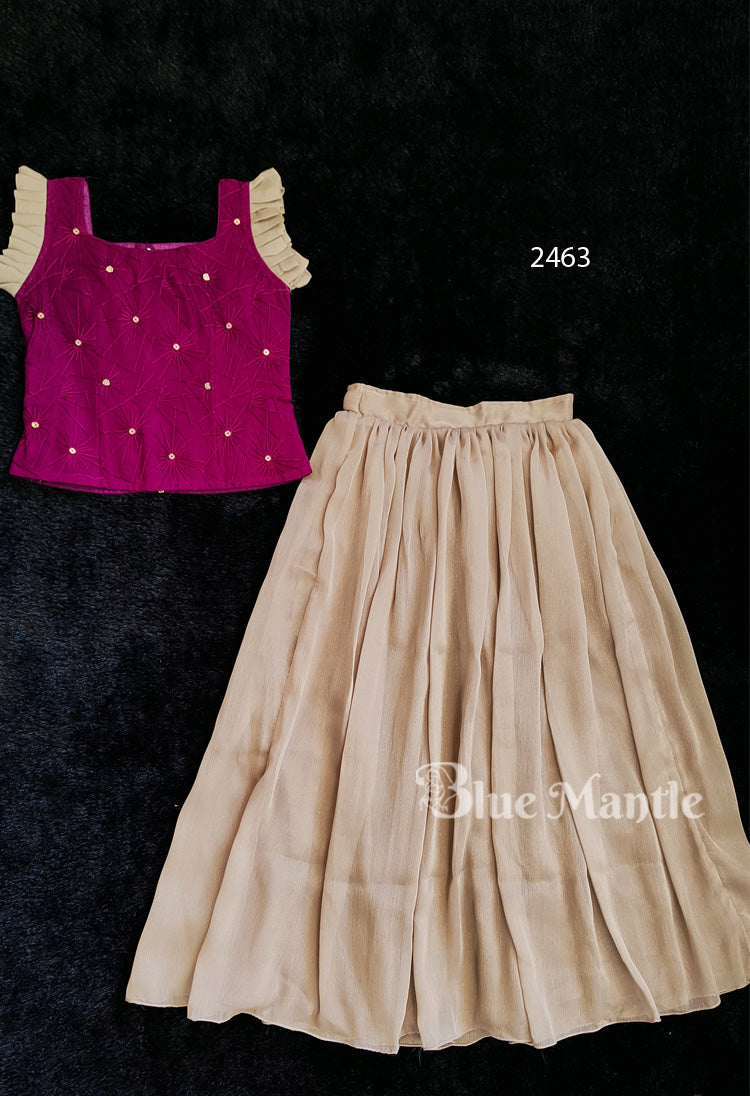 2463 Ready to Dispatch: Grape& Pastel beige Skirt & Blouse