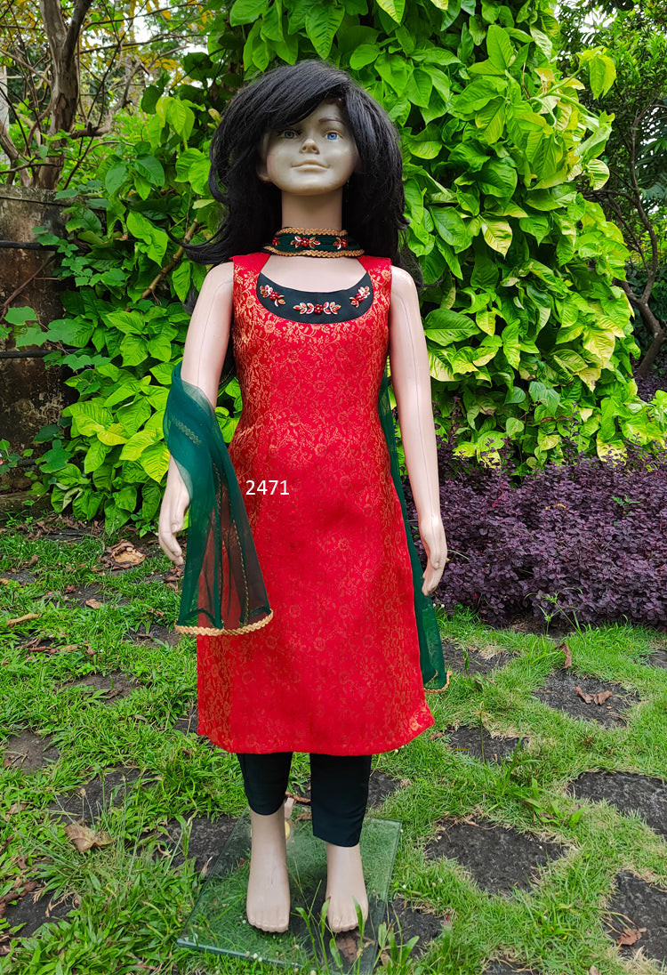 2471 Ready to Dispatch : Kids Designer Churidar RedGreen