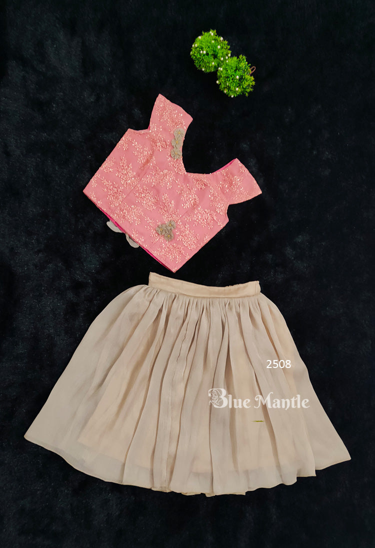 2508 Ready to dispatch:Peach crop Blouse and Beige Middy