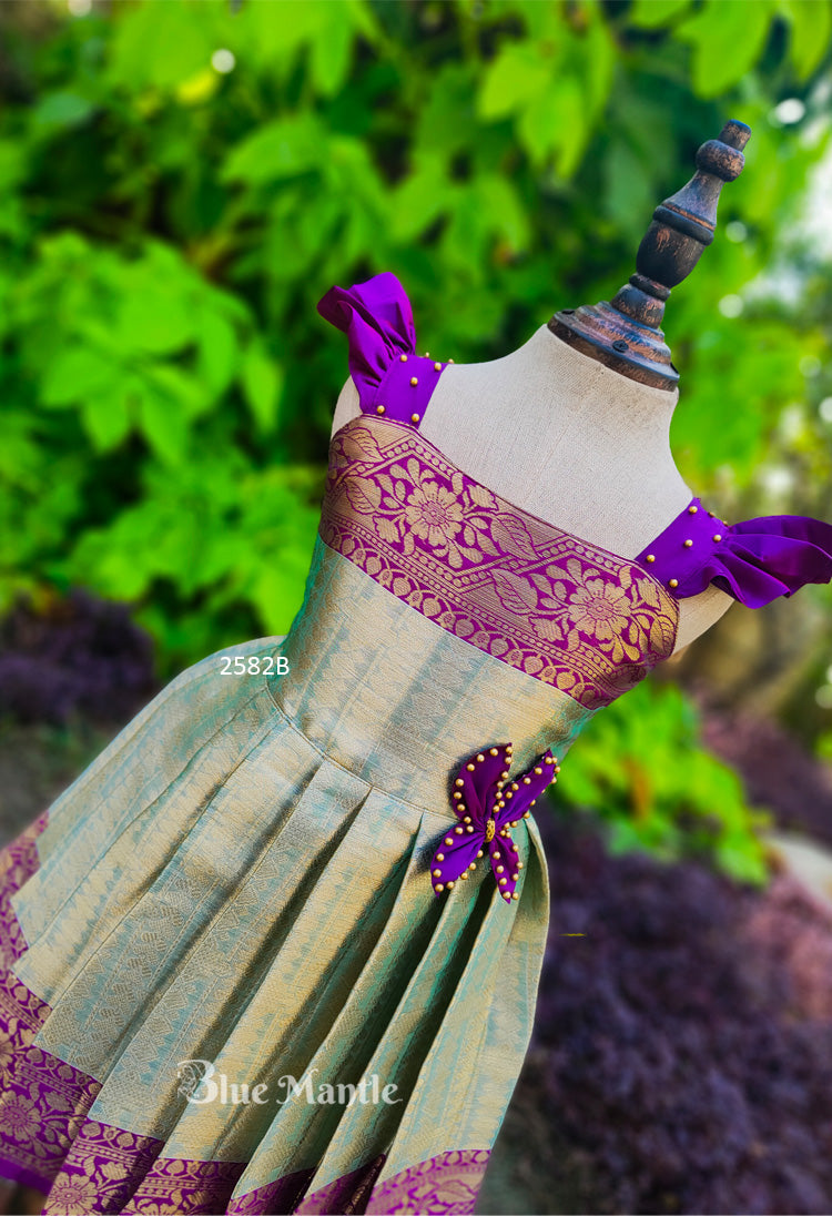 2582B Ready to Dispatch: "ROJA" AquaGreen & Purple Frock