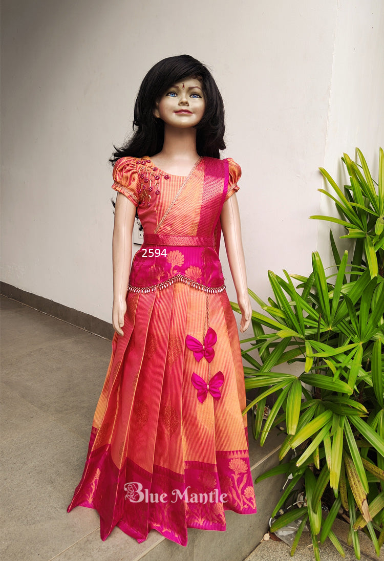 2594 Pre Order : Pingala Orange & Pink Skirt & Blouse with Dupatta. Dispatch in 4-6 days.