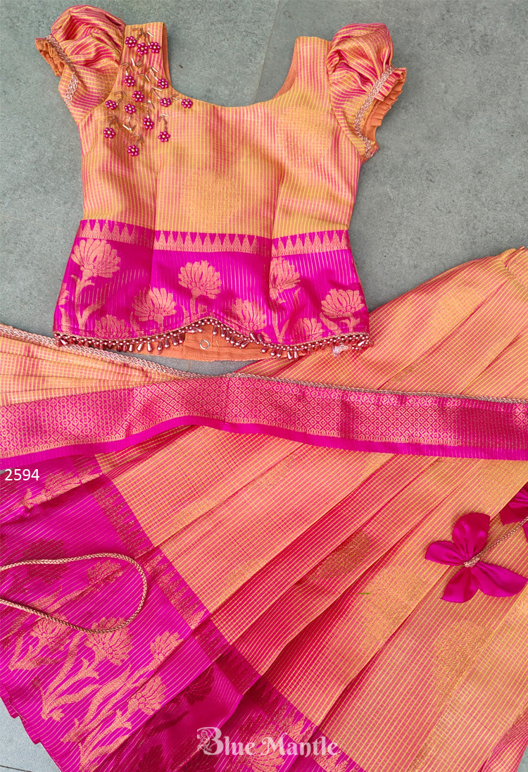 2594 Pre Order : Pingala Orange & Pink Skirt & Blouse with Dupatta. Dispatch in 4-6 days.