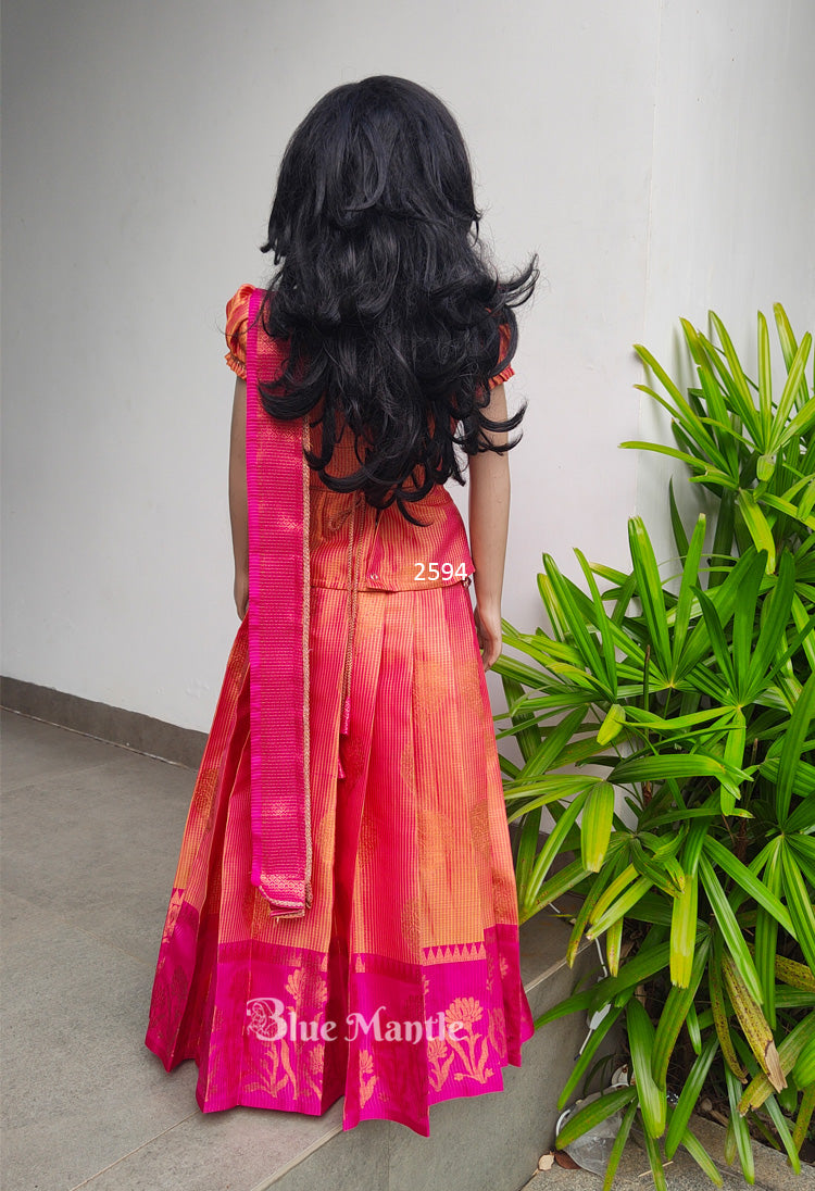 2594 Pre Order : Pingala Orange & Pink Skirt & Blouse with Dupatta. Dispatch in 4-6 days.