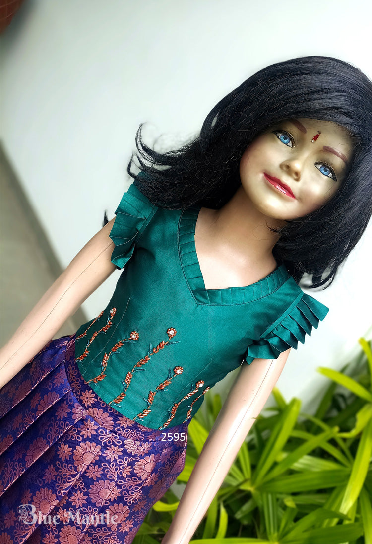 2595 Ready to Dispatch : "PAVANI" Navy Blue and Peacock Green Full Skirt and Crop Blouse