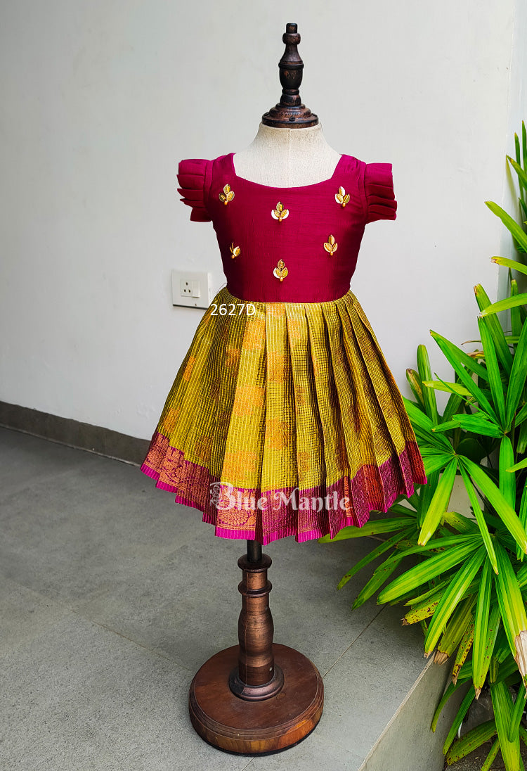 2627D Ready to Dispatch: "Sarangi" Pinkish Grape & Olive Green Frock