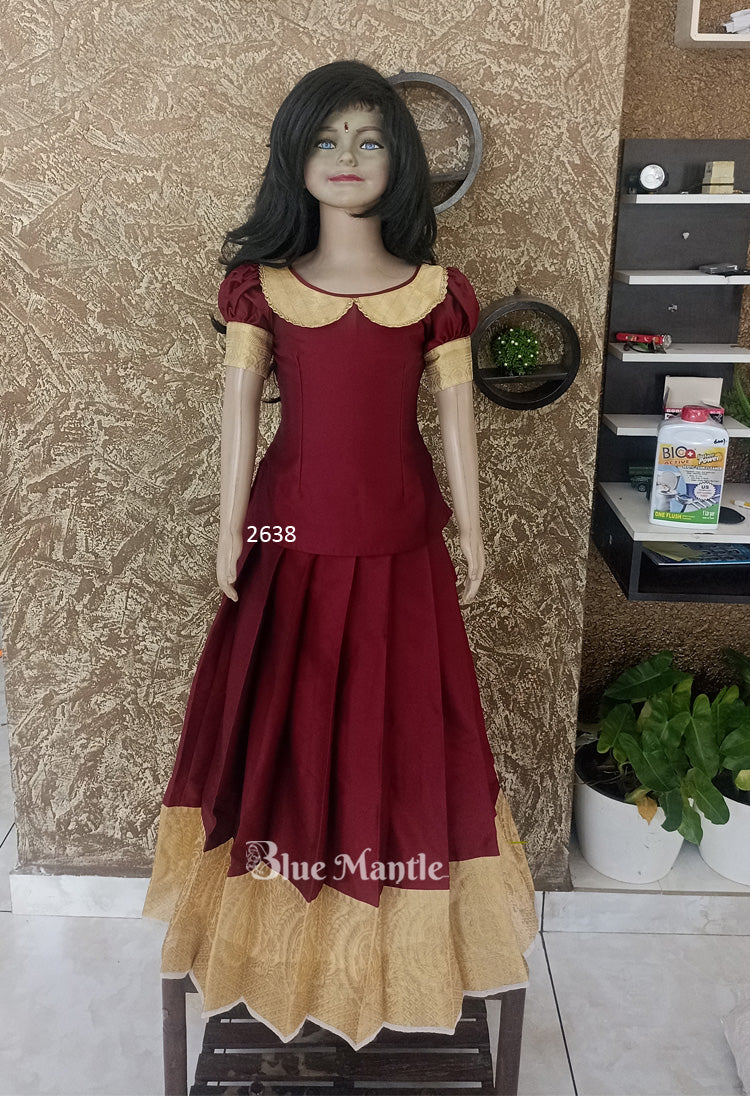 2638 Ready to Dispatch : Maroon and Light gold Full Skirt and blouse