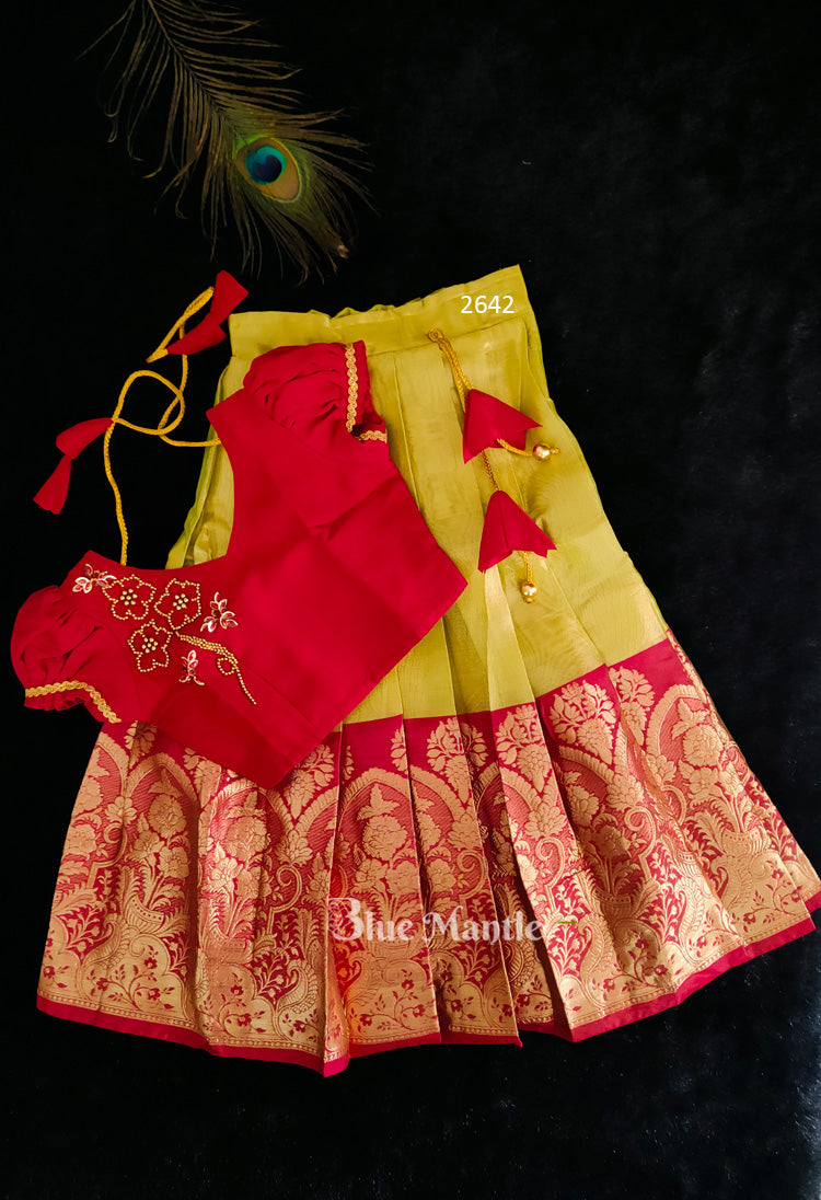 2642 "CHENTHAMRA" Ready To Dispatch: Red with Olive green Skirt & Blouse.