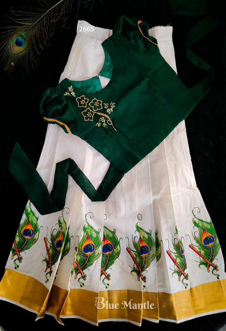 2665 Ready to Dispatch: Dark Green Semi Crop Blouse & Printed Tissue Kerala Skirt