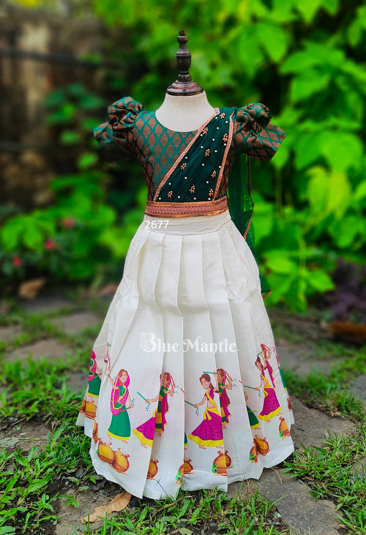 2677 Ready to Dispatch: Dark Green and Mural Skirt & Blouse with Dupatta.