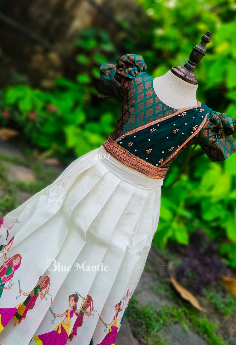2677 Ready to Dispatch: Dark Green and Mural Skirt & Blouse with Dupatta.