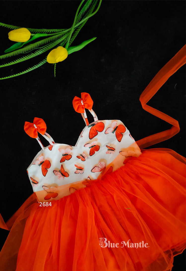 2684 Ready to Dispatch: Butterfly Orange Frock.