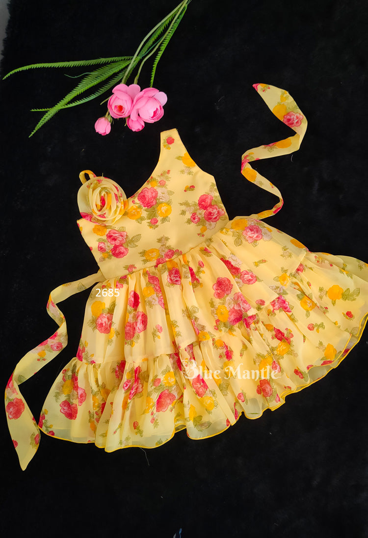 2685 Ready to Dispatch: Flower Printed Yellow Frock.