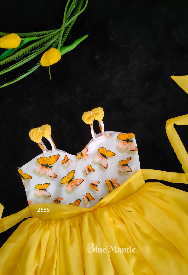 2688 Ready to Dispatch: Butterfly Mango Yellow Net Frock.