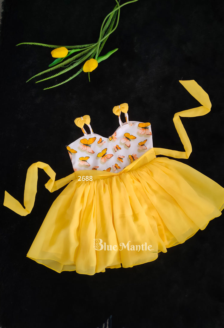 2688 Ready to Dispatch: Butterfly Mango Yellow Net Frock.