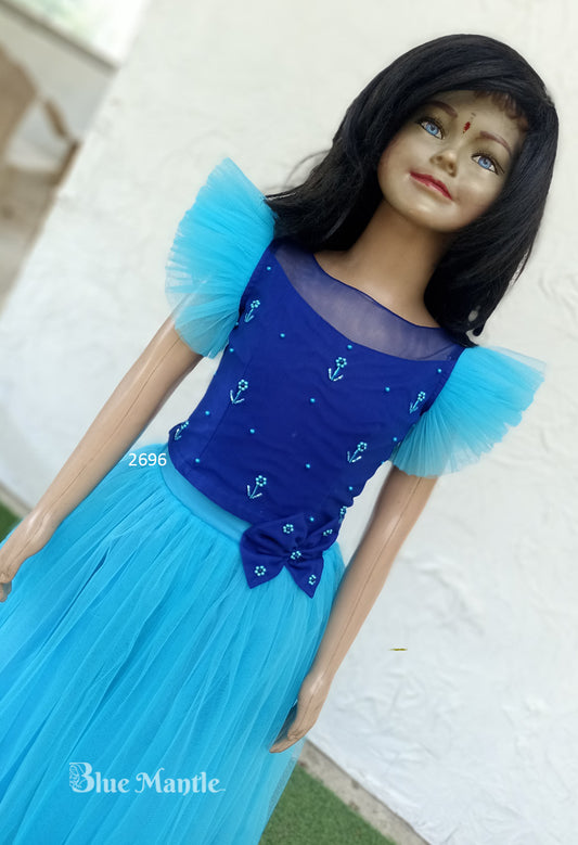 2696 Ready to Dispatch: Light Blue & dark Blue full skirt Crop Top