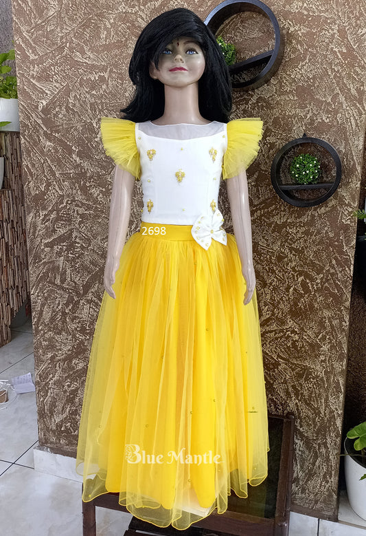 2698 Ready to Dispatch: Yellow & White full skirt and Crop Top