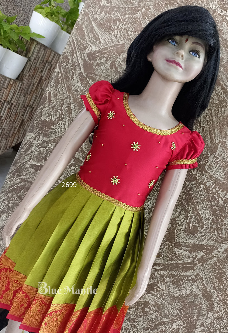 2699 Ready to Dispatch: Parrot Green & Red Frock