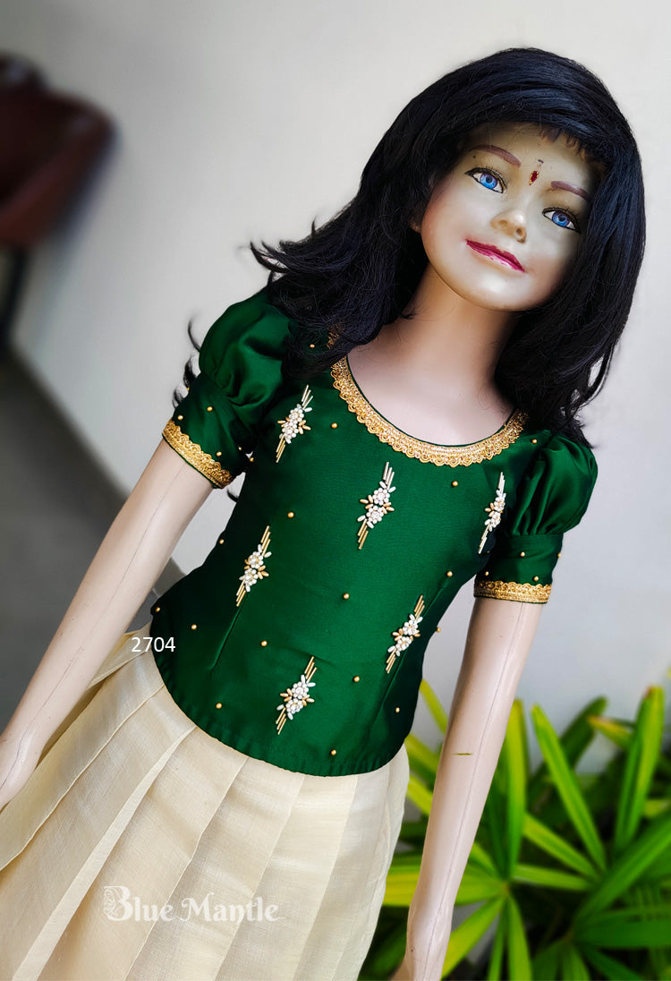 2704 "Vrindhavan" Green Semi Crop Blouse & Printed Skirt - Ready to dispatch