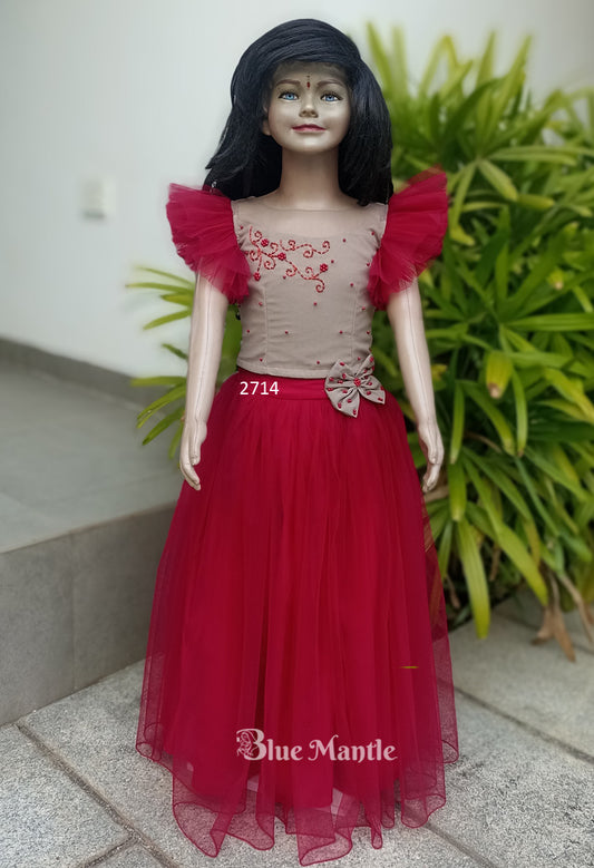 2714 Ready to Dispatch: Grape Vine & Beige full skirt and Crop Top.