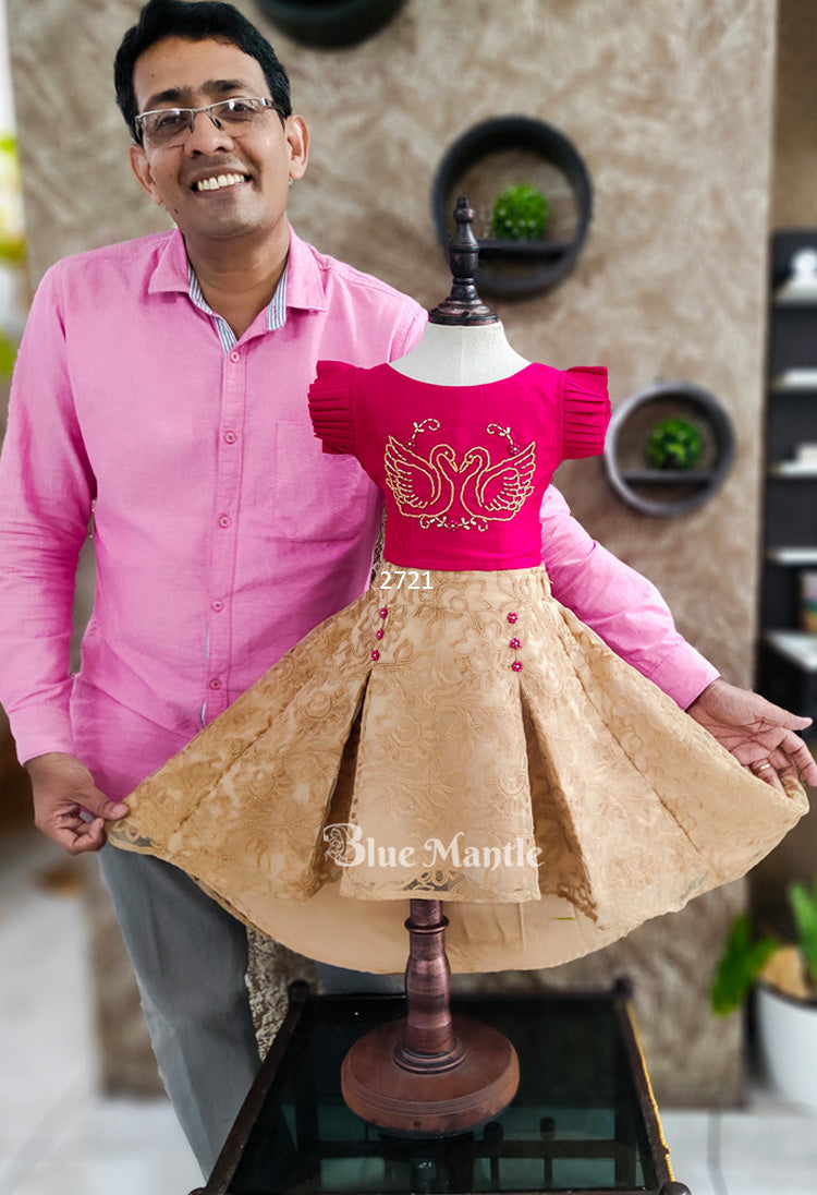 2721 Ready to Dispatch: Pink crop Blouse and Chikoo High-low Skirt