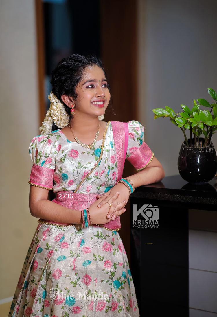2736 Pre Order:"ANASUYA" Printed Off-white with peach Dhavani. - Dispatch on april 20