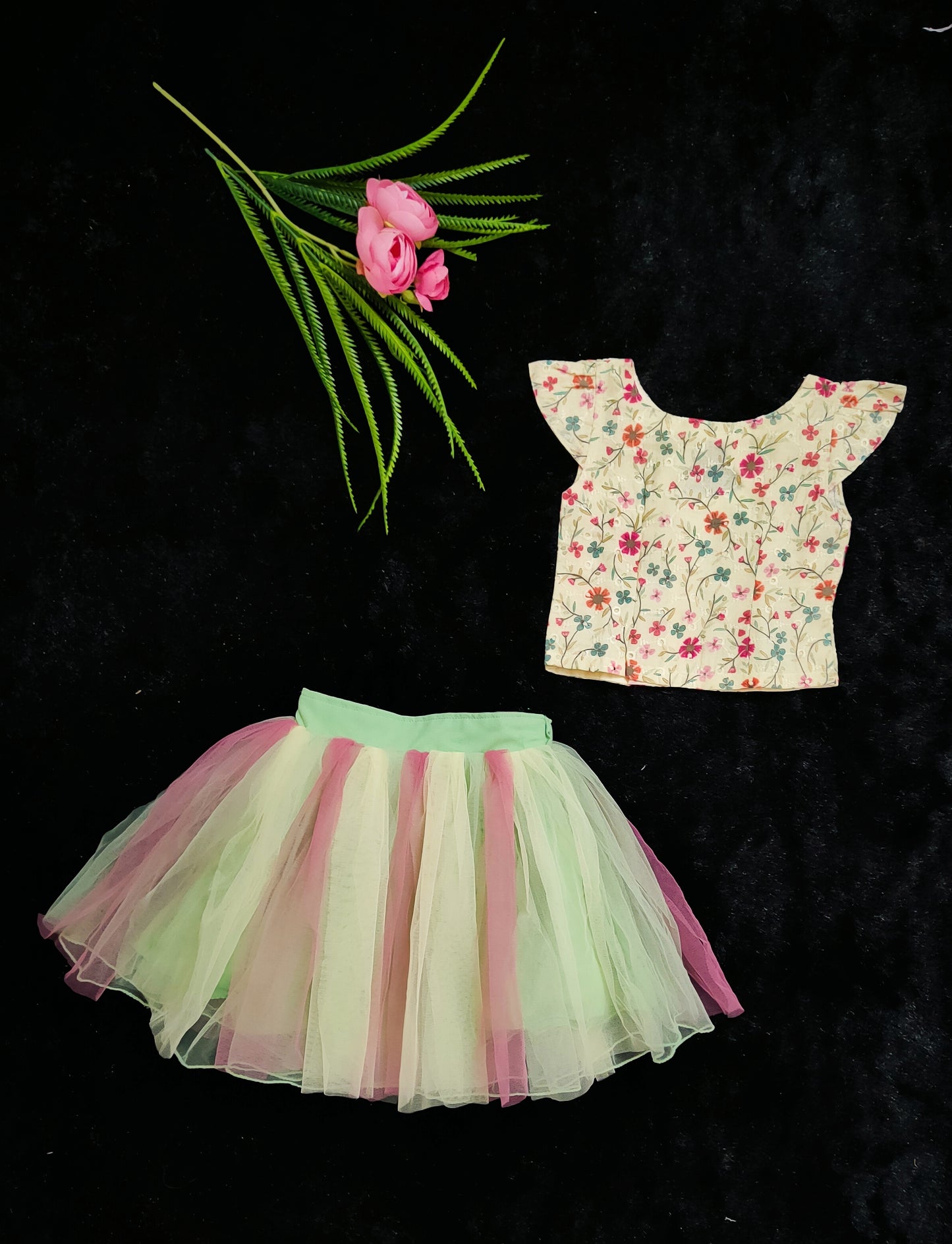 M11 Ready to Dispatch: Pastel green Blouse and multi colour Middy