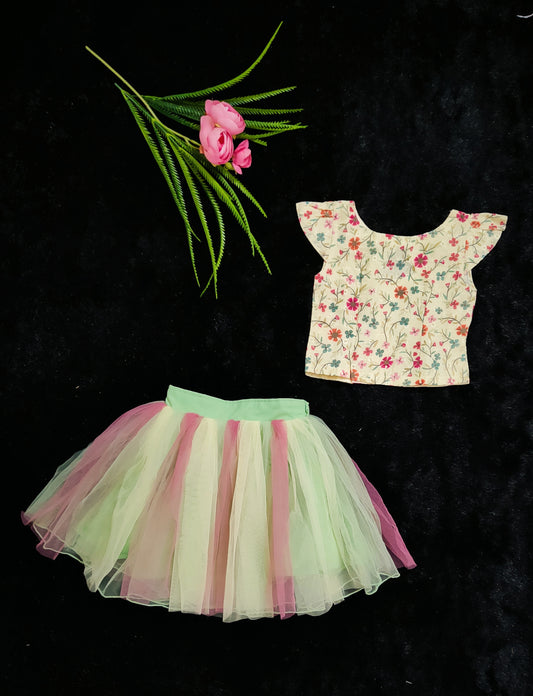 M11 Ready to Dispatch: Pastel green Blouse and multi colour Middy