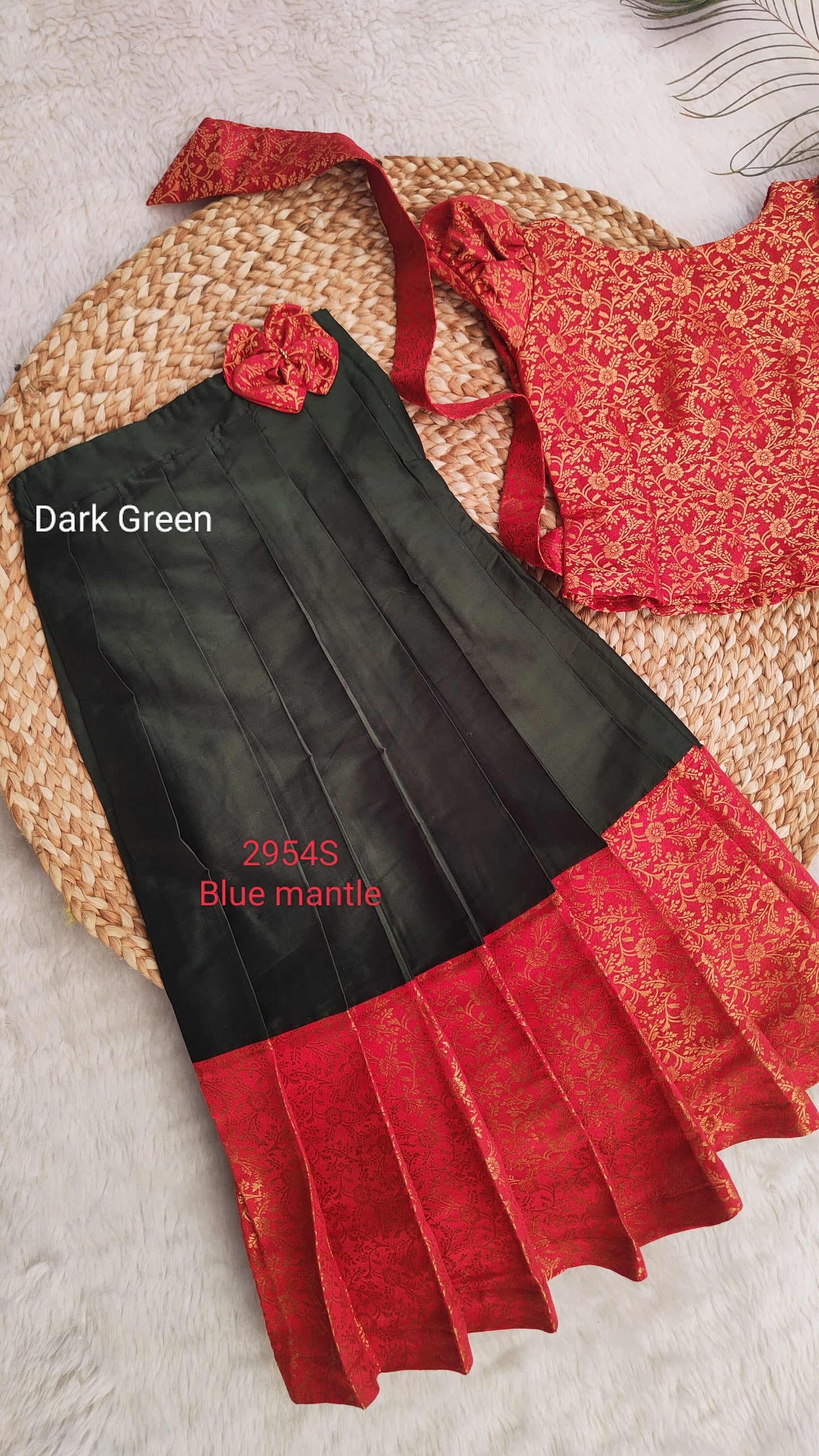 2954S: Red & Dark Green full skirt blouse - Ready to Dispatch