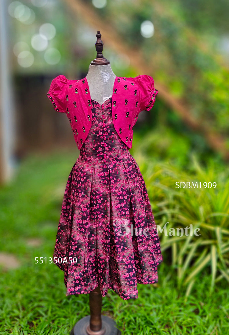 SDBM1909 Ready To Dispatch: Pink Floral Printed Frock and Dark Pink Over Coat