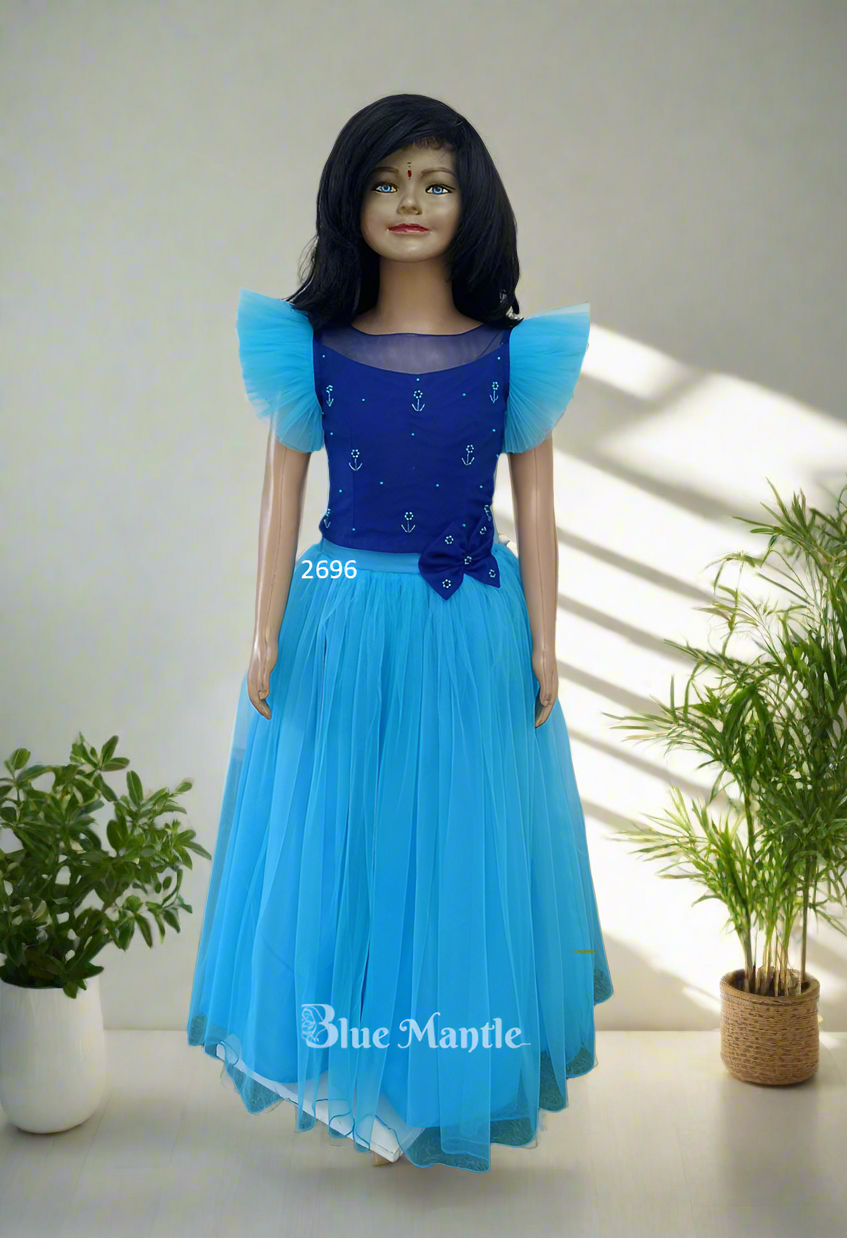 2696 Ready to Dispatch: Light Blue & dark Blue full skirt Crop Top