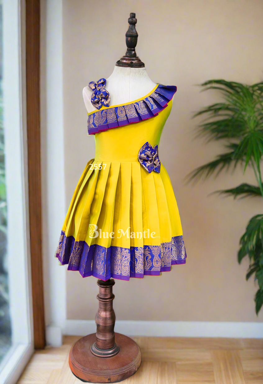 2557 Ready to Dispatch: Greenish Yellow and Blue Frock