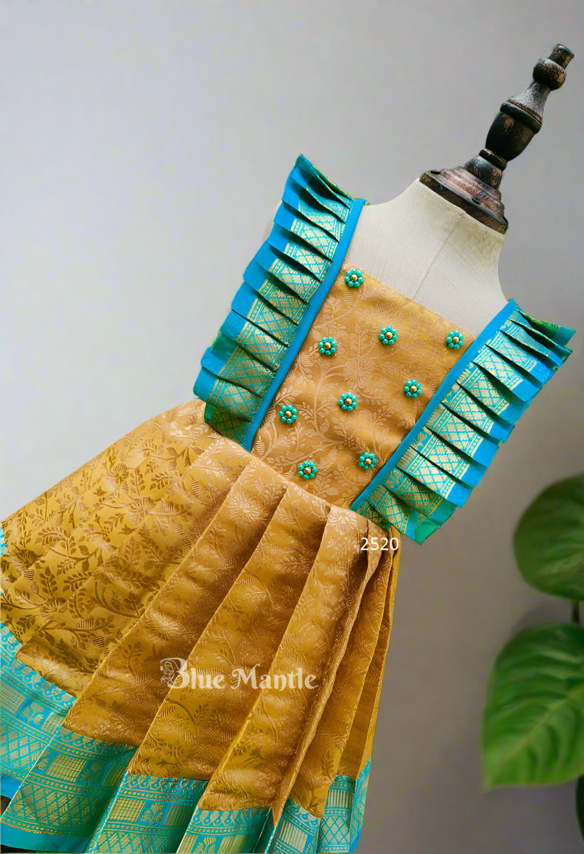 2520 Ready to Dispatch: Golden beige with Aqua Blue Frock