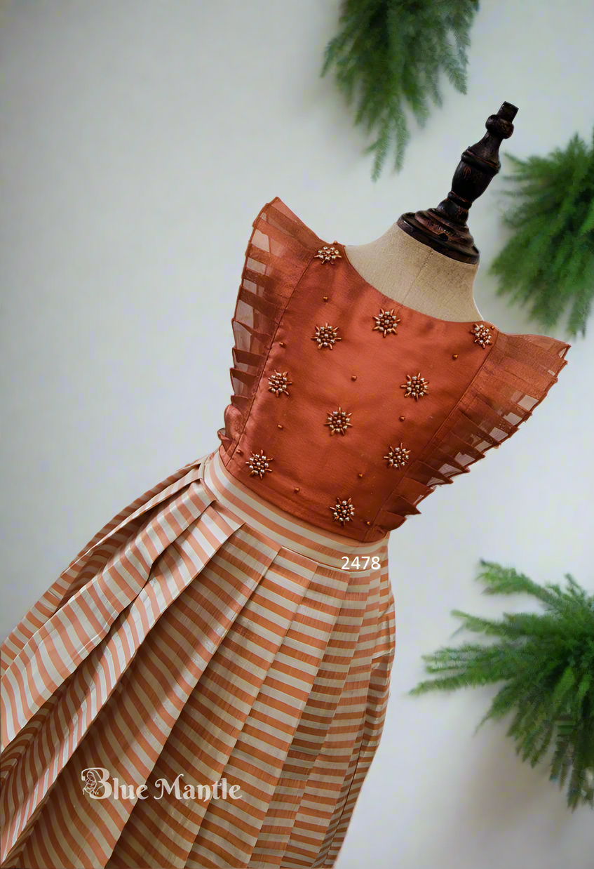 2578 Ready to dispatch : Copper Stripe Full Skirt and Crop Blouse