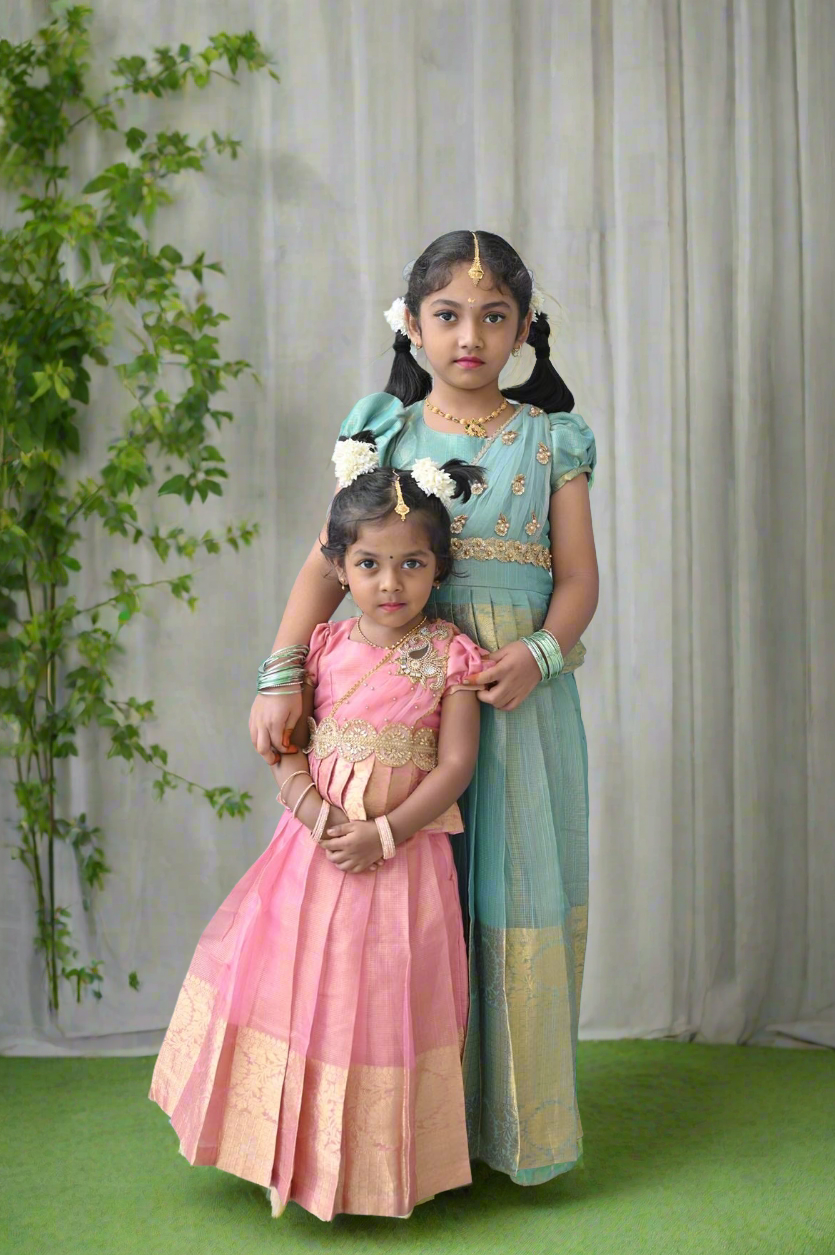 1763C Ready to dispatch: Rose gold Skirt & Blouse with Dupatta