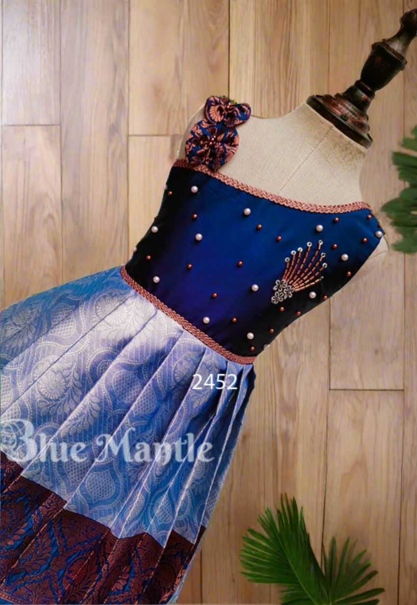 2452 Ready to Dispatch: "Vaishali" Ashblue with navy blue Baby Frock