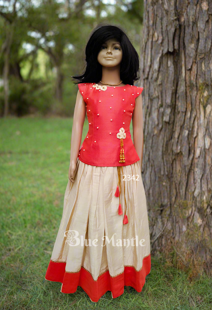 2342 Ready to Dispatch: Peachish orange& Ivory Full Skirt & Blouse