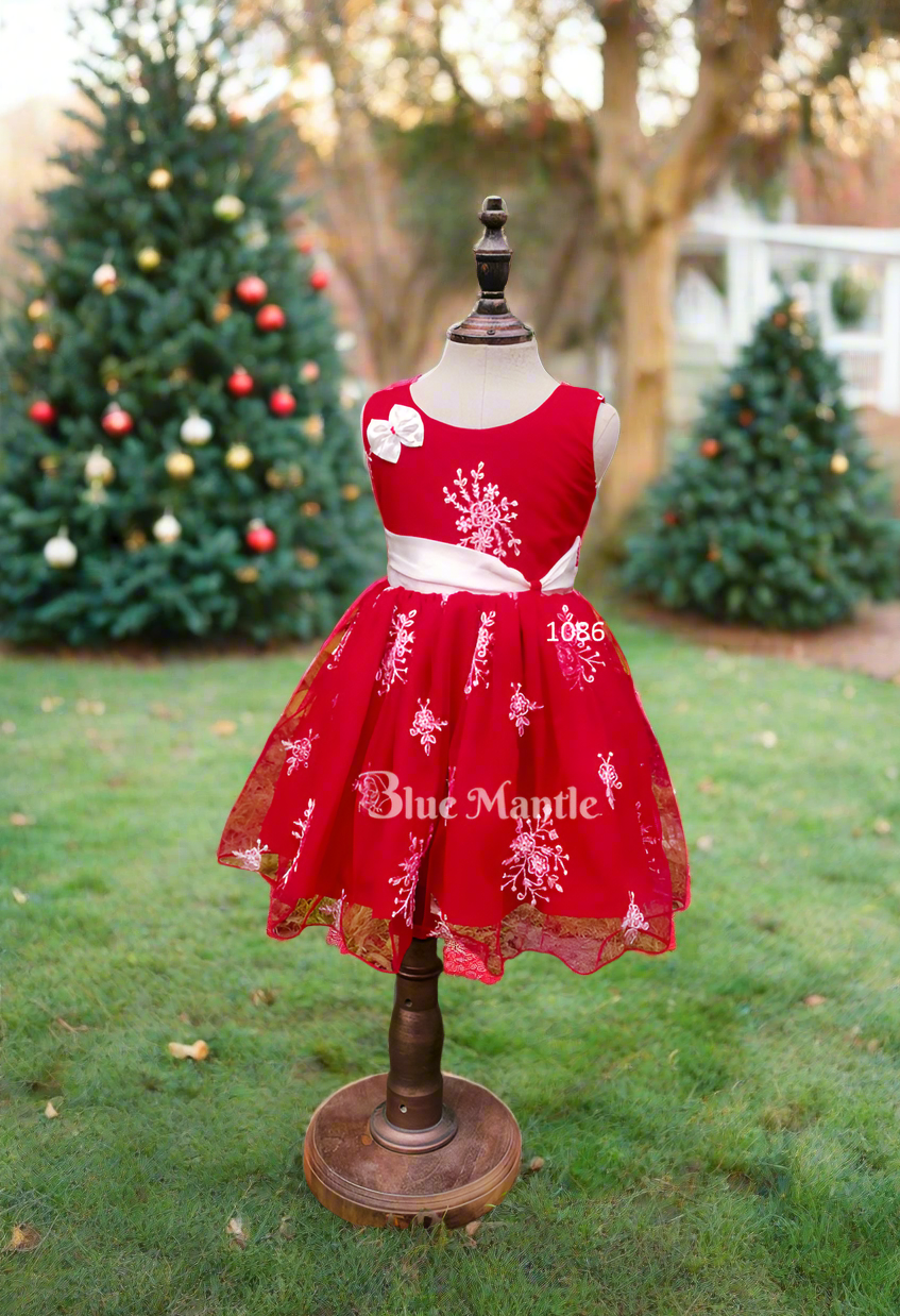 1086 Ready to Dispatch: Red and Off White Christmas Cute Frock