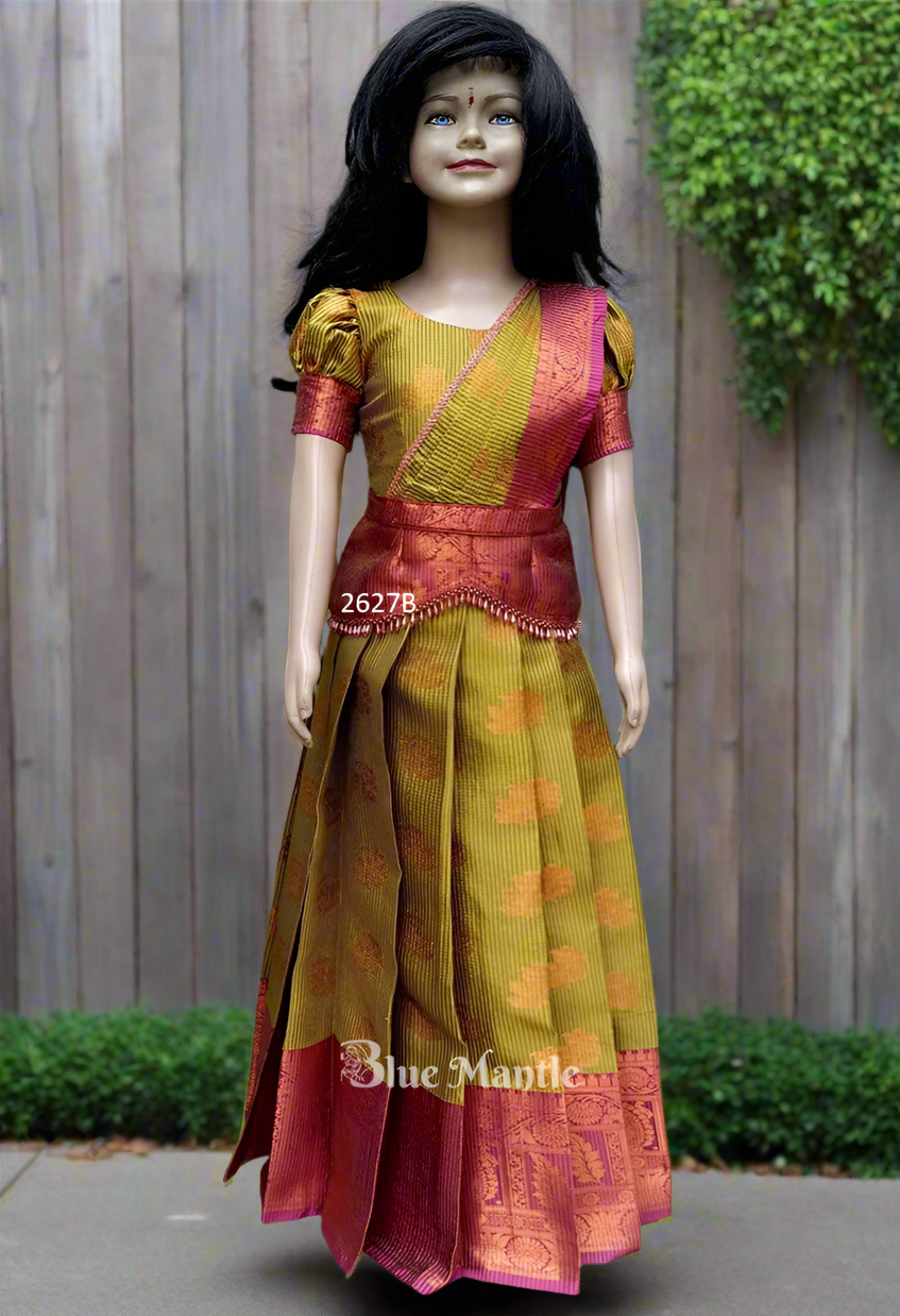 2627B Ready to Dispatch: "URMILA" Pinkish Grape & Olive Green Skirt and Semi Crop Top